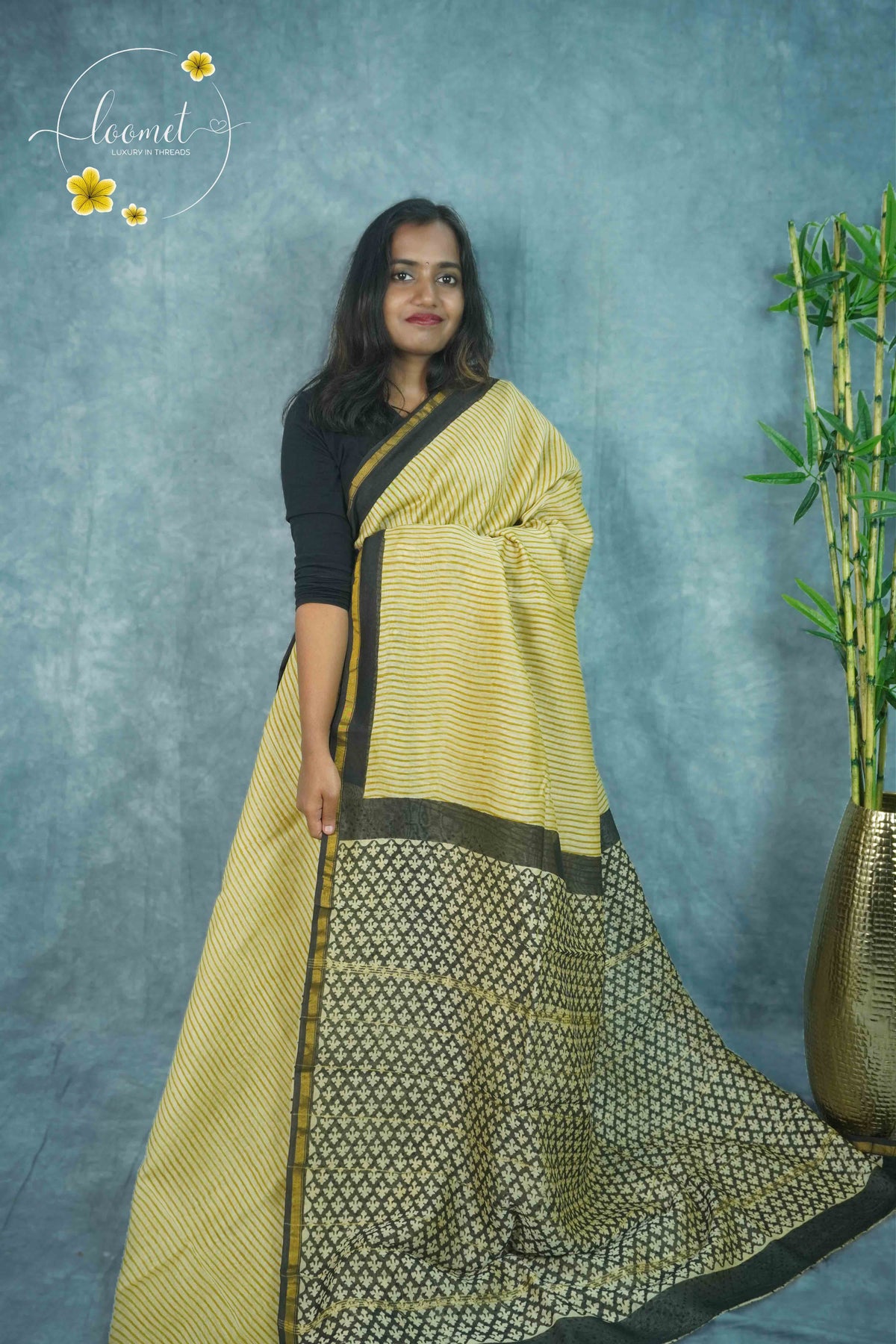 RCS2064 Mustard Yellow HandBlock Printed Chanderi silk cotton with horizontal stripes
