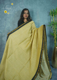 RCS2064 Mustard Yellow HandBlock Printed Chanderi silk cotton with horizontal stripes