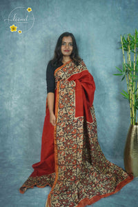 RCS2065 Brick Red HandBlock Printed Chanderi silk cotton with  Kalamkari-inspired block prints