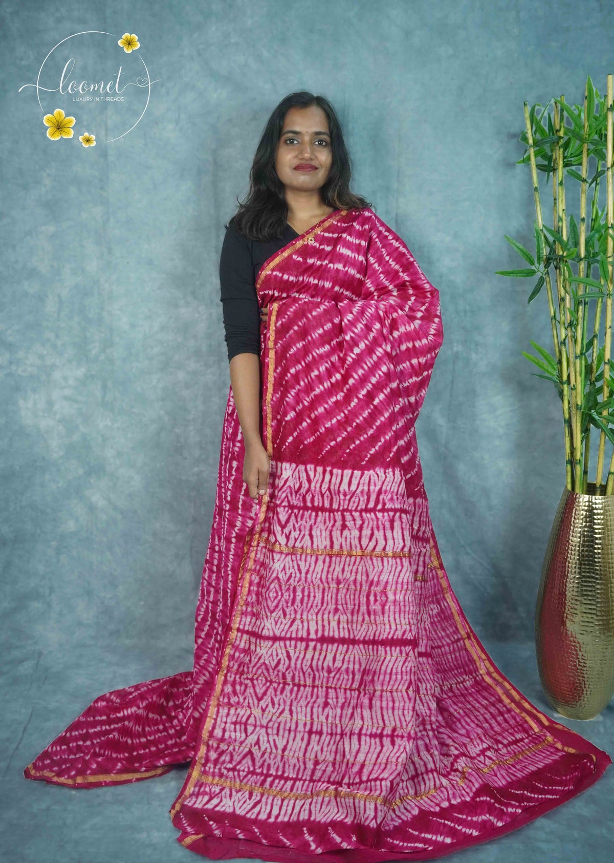 RCS2066 Magenta HandBlock Printed Chanderi Silk cotton with Tie-Dye pattern