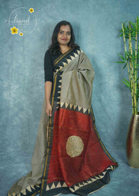 RCS2067 Cream HandBlock Printed Chanderi silk cotton with micro-check pattern