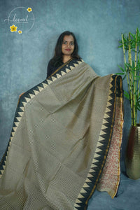 RCS2067 Cream HandBlock Printed Chanderi silk cotton with micro-check pattern