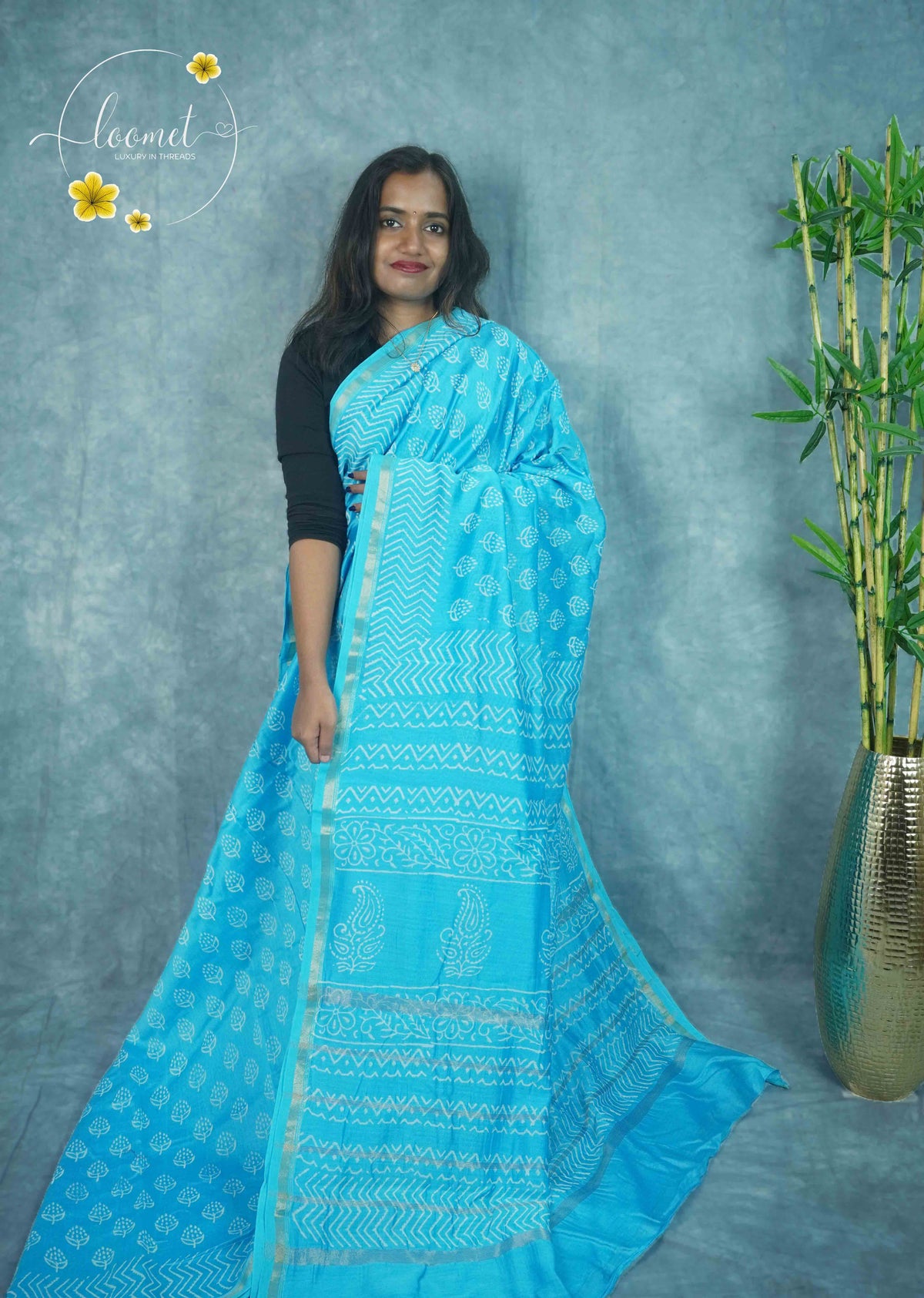 RCS2068 Sky Blue HandBlock Printed Chanderi silk cotton with traditional Paisley motifs.