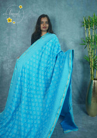 RCS2068 Sky Blue HandBlock Printed Chanderi silk cotton with traditional Paisley motifs.