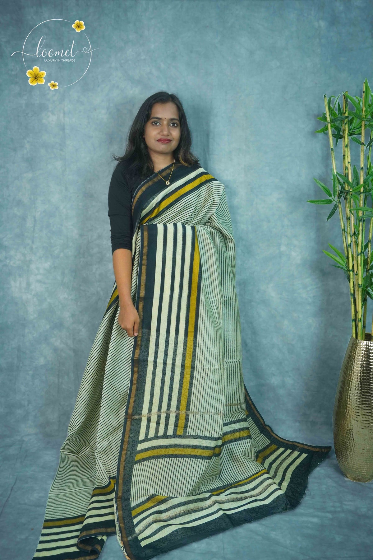 RCS2069 Cream HandBlock Printed Chanderi silk cotton with vertical stripes pattern