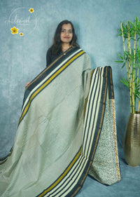 RCS2069 Cream HandBlock Printed Chanderi silk cotton with vertical stripes pattern