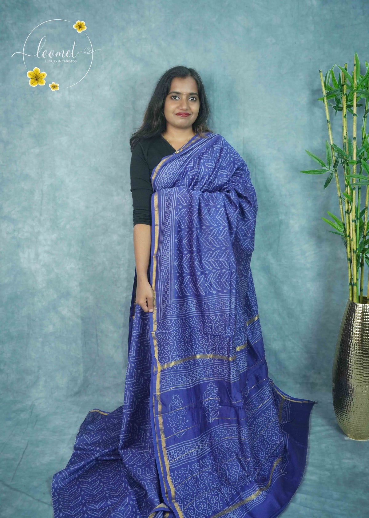 RCS2071 Deep indigo blue HandBlock Printed Chanderi silk cotton with floral block prints