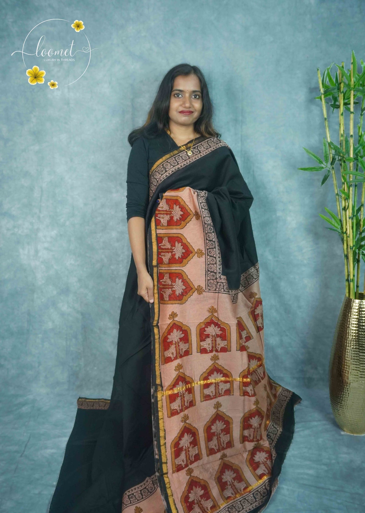 RCS2072 Jet black HandBlock Printed Chanderi silk cotton with Kamadhenu & Tree of Life Block Prints