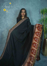 RCS2072 Jet black HandBlock Printed Chanderi silk cotton with Kamadhenu & Tree of Life Block Prints