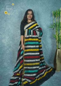 RCS2073 Multi-colour HandBlock Printed Chanderi silk cotton with Batik-style Multi-tonal Stripes