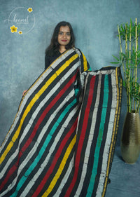 RCS2073 Multi-colour HandBlock Printed Chanderi silk cotton with Batik-style Multi-tonal Stripes