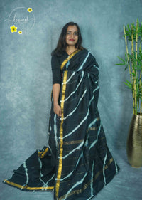 RCS3061 Black HandBlock Printed Maheswari Silk Cotton with diagonal wave tie-dye pattern