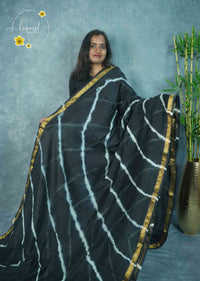 RCS3061 Black HandBlock Printed Maheswari Silk Cotton with diagonal wave tie-dye pattern