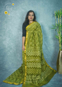 RCS3062 Olive Green HandBlock Printed Maheswari Silk Cotton with Batik-style pattern