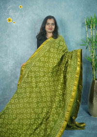 RCS3062 Olive Green HandBlock Printed Maheswari Silk Cotton with Batik-style pattern