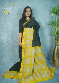 RCS3063 Black HandBlock Printed Maheswari Silk Cotton with Paisley (Kalka) pattern