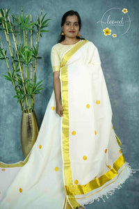 RDT2311 Off-White Kerala Kasavu Kuthampully Cotton saree with Solid Round Buttas