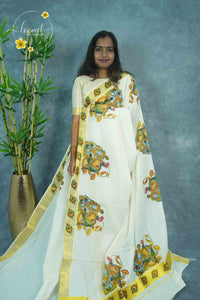 RDT2411 Off-White Kerala Kasavu Kuthampully Cotton saree with mural art prints of Radha-Krishna motifs.