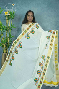 RDT2412 Off-White Kerala Kasavu Kuthampully Cotton saree with mural Art Prints of Peacock Feather