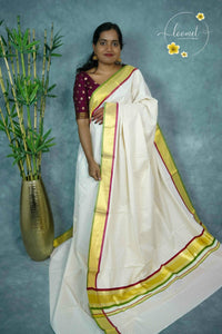 RDT2711 Off-White Kerala Kasavu Kuthampully Cotton saree with horizontal gold zari stripes
