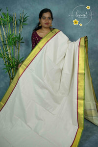 RDT2711 Off-White Kerala Kasavu Kuthampully Cotton saree with horizontal gold zari stripes