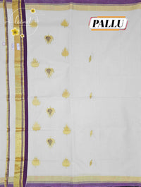 RKT2002 Off-White Balaramapuram Handloom saree with rich purple borders and golden zari buttas.