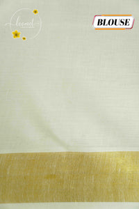 RKT2131 Off-White Kerala Cotton saree with lotus vine border and golden kasavu accents.