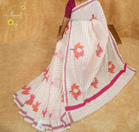 RKT2133 Off-White Kerala Cotton saree with pink windowpane checks and hand-block printed lotus motifs.