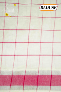 RKT2133 Off-White Kerala Cotton saree with pink windowpane checks and hand-block printed lotus motifs.