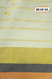 RKT2141 Off-White Kerala Cotton saree with Elegant Zari Pinstripes, Multi-Hued Borders, and Handcrafted Tassels.