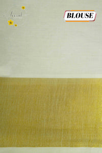 RKT2151 Off-White Kerala Cotton saree with hand-block printed floral vines and golden kasavu border.