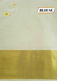 RKT2152 Off-White Kerala Cotton saree with hand-block printed floral vines and golden kasavu border.
