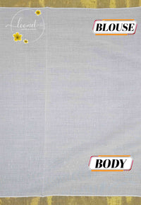 RKT2161 Off-White Kerala Cotton saree woven Gold Zari and Bold Temple Art.