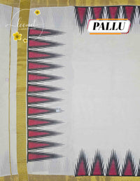 RKT2161 Off-White Kerala Cotton saree woven Gold Zari and Bold Temple Art.