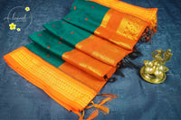 RS1312 Deep Teal Green Kalyani Cotton saree with red buttas.