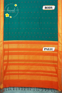 RS1312 Deep Teal Green Kalyani Cotton saree with red buttas.