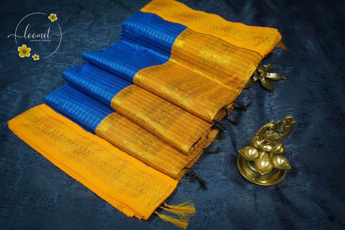 RS1411 Royal Blue and Golden Yellow Kalyani Cotton saree with Checkered pattern.