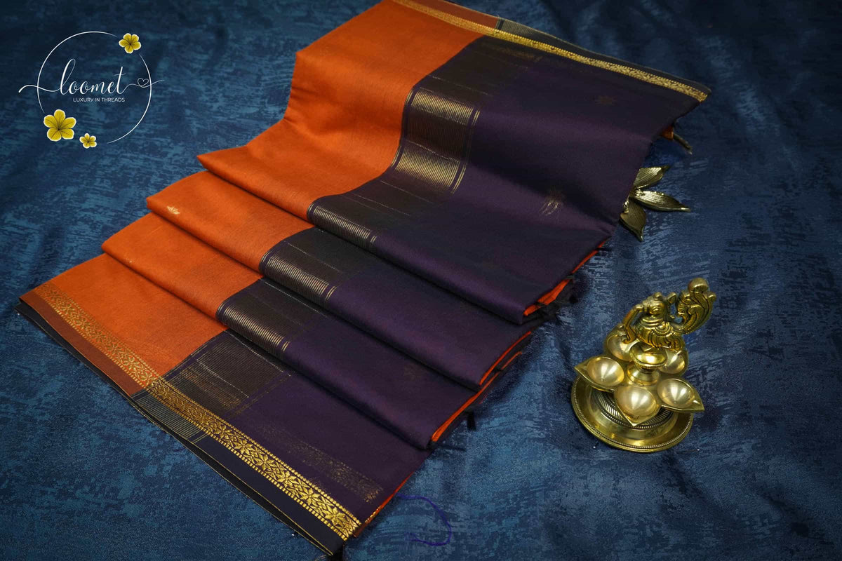 RS1511 Orange and Dark Purple Maheshwari Cotton saree with eight-petal flower buttas.