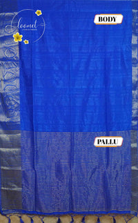 RS1611 Cobalt Blue Matka silk saree with floral and paisley circular motifs.