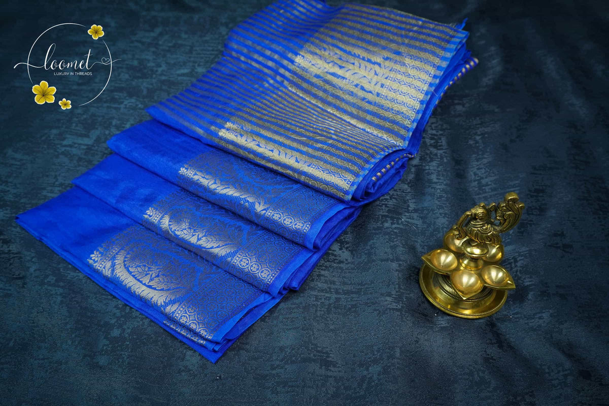 RS1611 Cobalt Blue Matka silk saree with floral and paisley circular motifs.