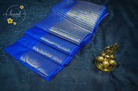 RS1611 Cobalt Blue Matka silk saree with floral and paisley circular motifs.