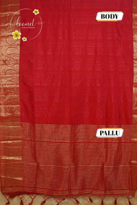 RS1613 Crimson red Matka silk saree with floral and paisley circular motifs.