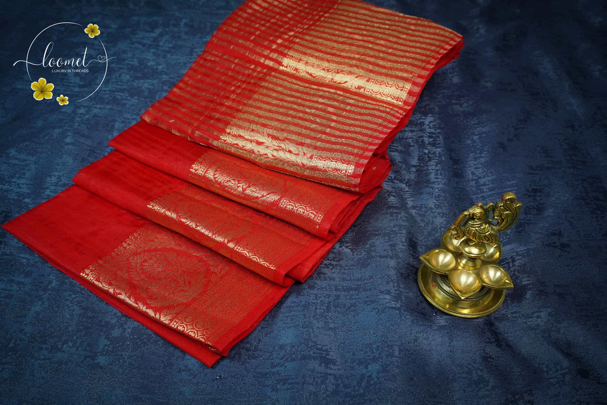 RS1613 Crimson red Matka silk saree with floral and paisley circular motifs.