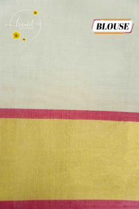 SDS1101 Off-White Balaramapuram Handloom saree with Pink Diamond Buttis and Macrame Fringes.