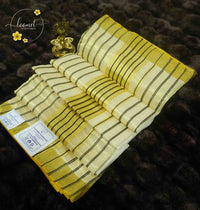 SDS1301 Off-White Balaramapuram Handloom saree with Midnight Black and Zari Stripes.