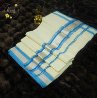 SDS1401 Off-White Balaramapuram Handloom saree with sky blue borders and shimmering silver zari.