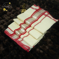 SDS1402 Off-White Balaramapuram Handloom saree with pink borders and shimmering silver zari.