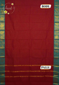 SKT5031 Deep Red cotton saree with zari checked (Kattam) pattern.