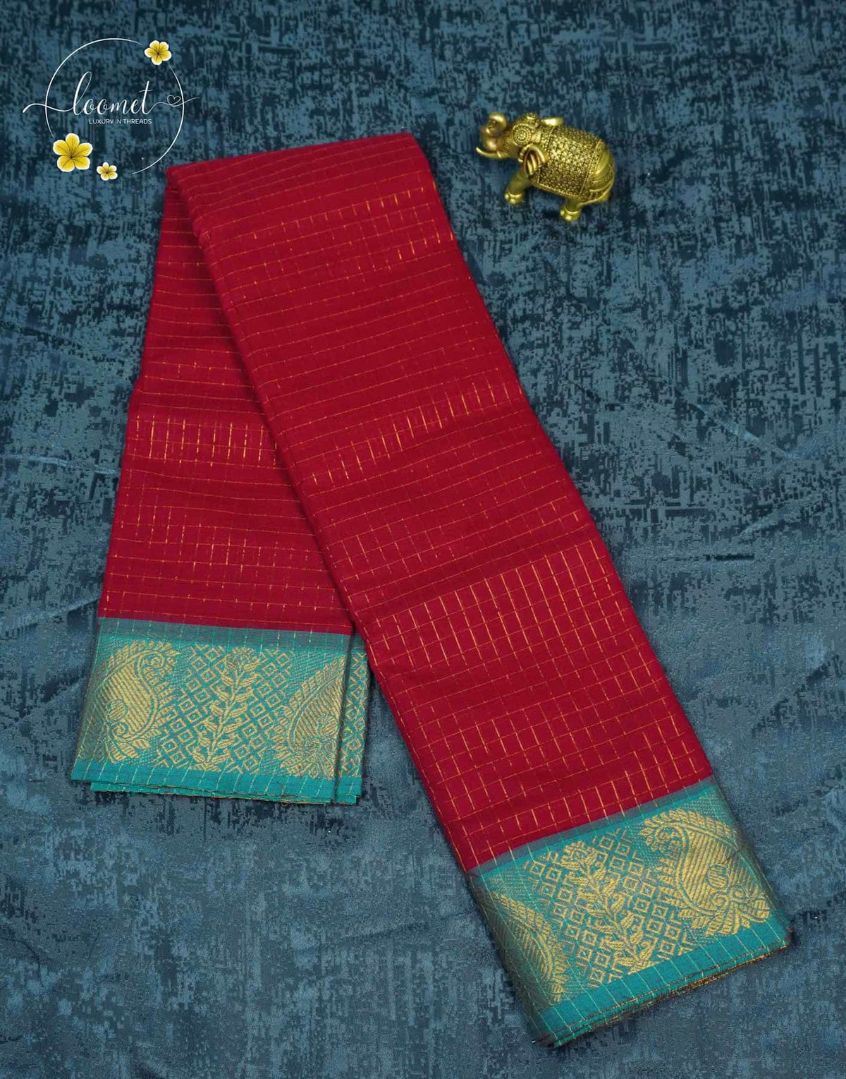 SKT5031 Deep Red cotton saree with zari checked (Kattam) pattern.