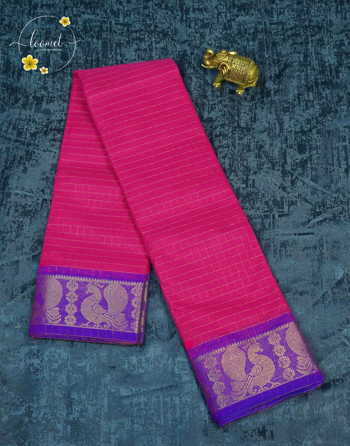 SKT5032 Rani Pink cotton saree with zari checked (Kattam) pattern